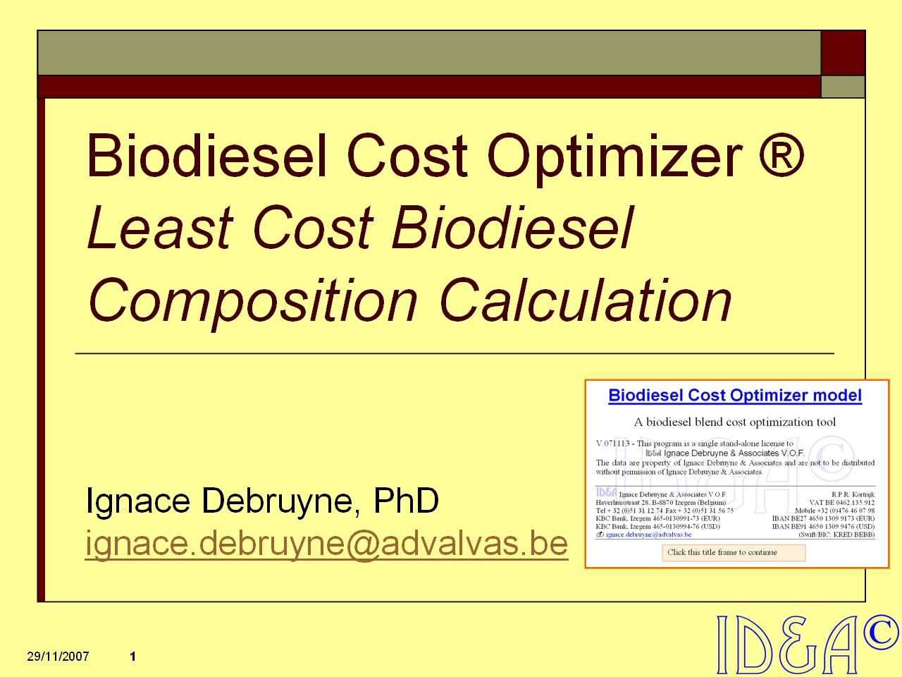 Biodesel Cost Optimizer information pack
